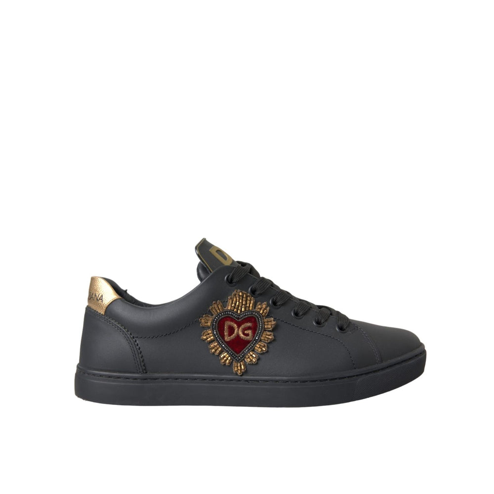 Dolce & Gabbana Black Leather Heart Embellished Sneakers Shoes with logo and multicolored details in black calf leather.