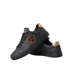 Dolce & Gabbana Black Leather Heart Embellished Sneakers Shoes with gold heel detail, featuring a luxury calf leather design and heart motif.