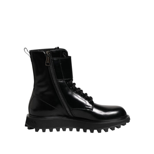 Dolce & Gabbana Black Leather Lace Up Mid Calf Boots Shoes with zipper and treaded sole, Italian craftsmanship, luxurious style.