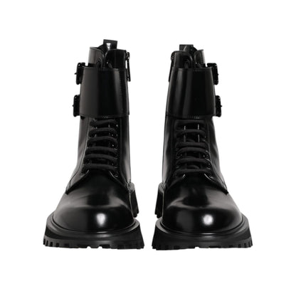 Dolce & Gabbana Black Leather Lace Up Mid Calf Boots Shoes, made with 100% calf leather, featuring lace-up closure and logo details.