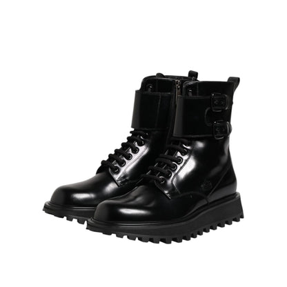 Dolce & Gabbana Black Leather Lace Up Mid Calf Boots Shoes, genuine calf leather, with logo details, made in Italy, exclusive craftsmanship.