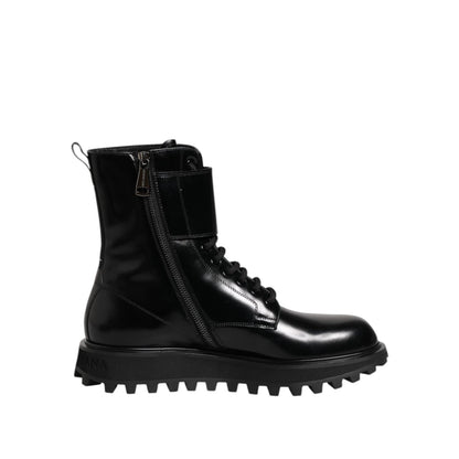 Dolce & Gabbana Black Leather Lace Up Mid Calf Boots Shoes in calf leather with logo details, made in Italy.