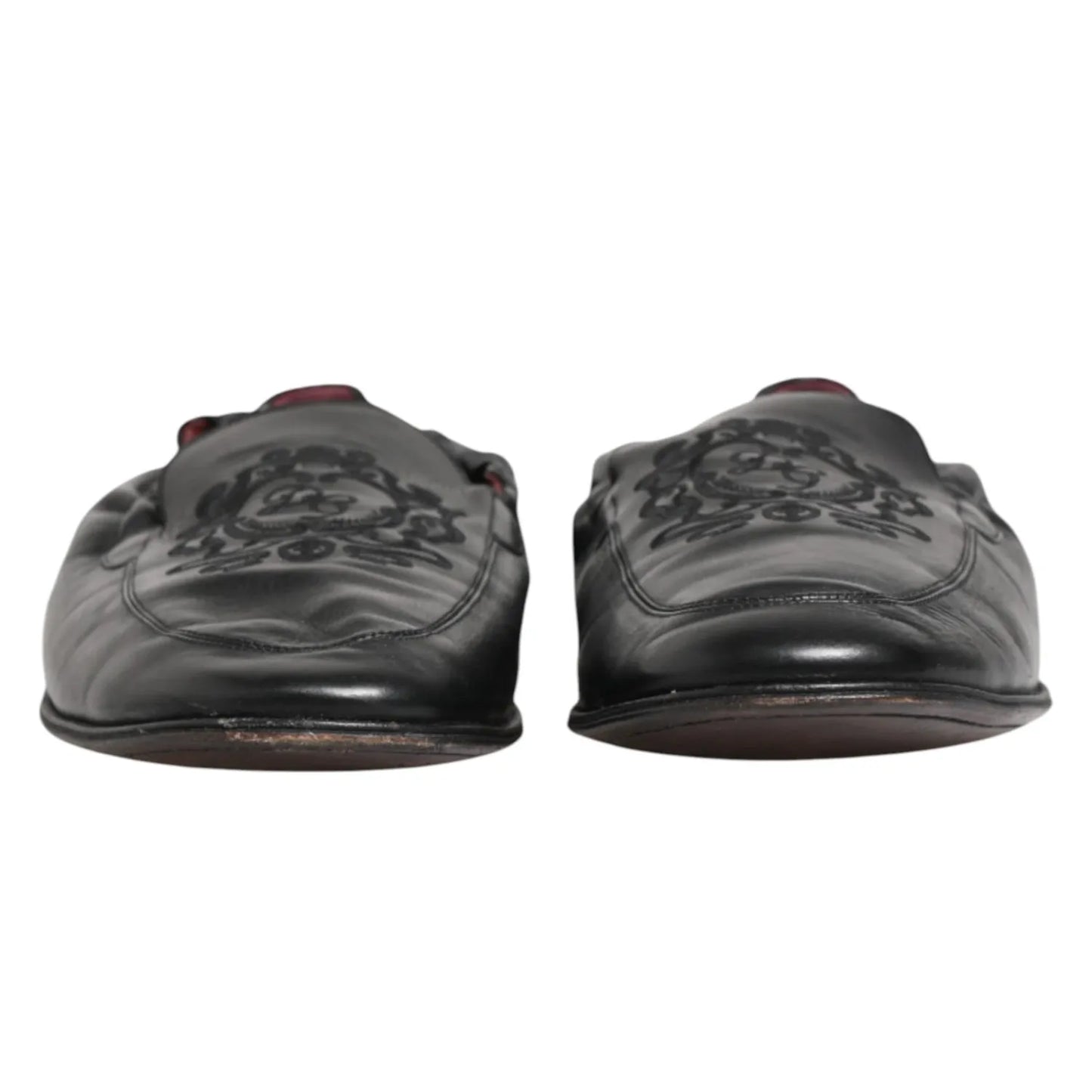 Dolce & Gabbana Black Leather Slip On Men Flat Loafers Shoes front view with logo details and leather sole, preowned condition.