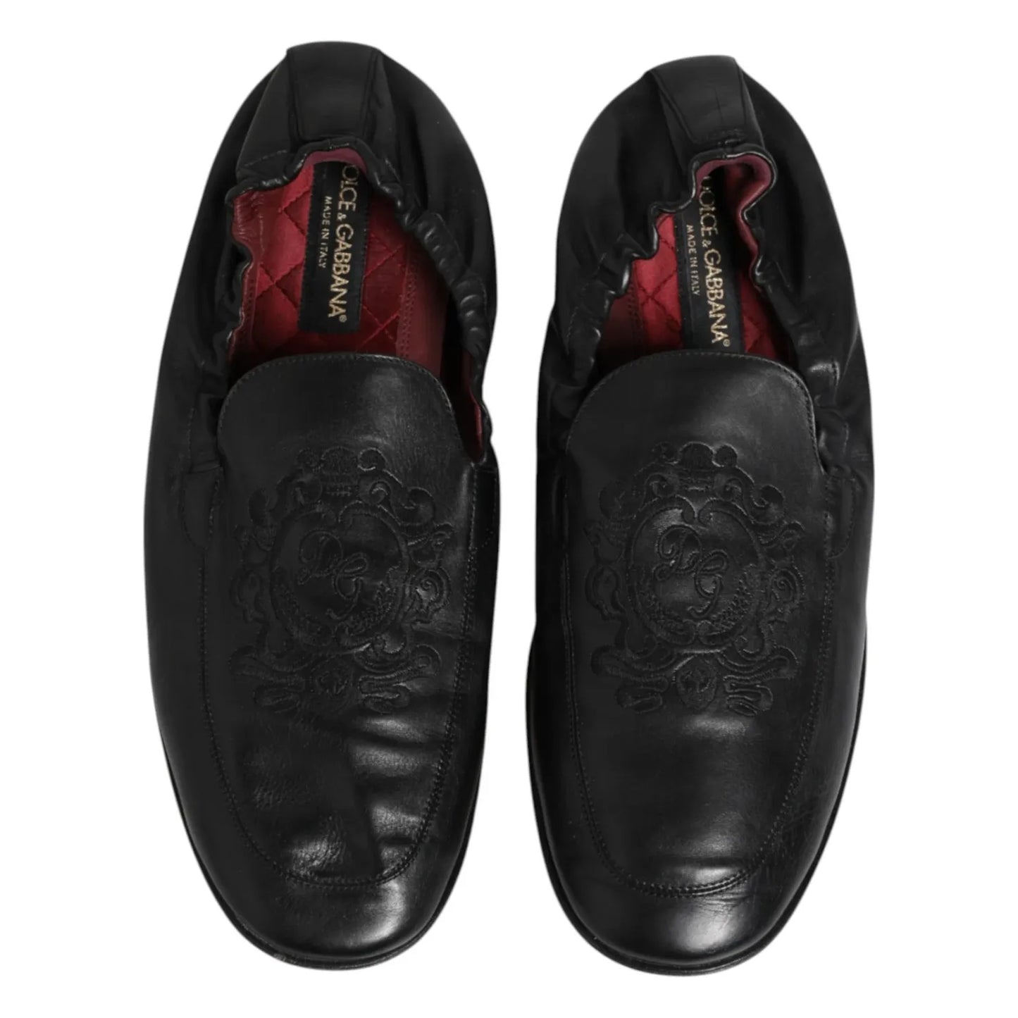 Dolce & Gabbana Black Leather Slip On Men Flat Loafers Shoes, preowned calfskin with logo details, made in Italy