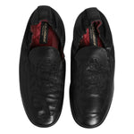 Dolce & Gabbana Black Leather Slip On Men Flat Loafers Shoes, preowned calfskin with logo details, made in Italy