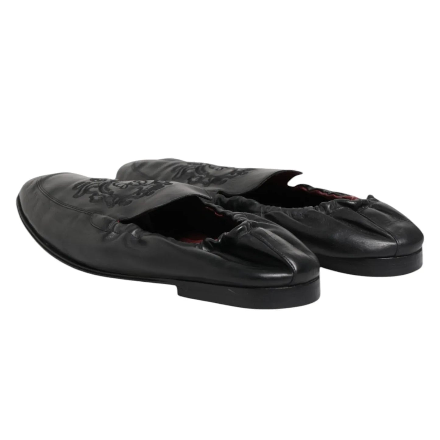 Dolce & Gabbana Black Leather Slip On Men Flat Loafers Shoes, calfskin pair with logo details, lightly preowned.