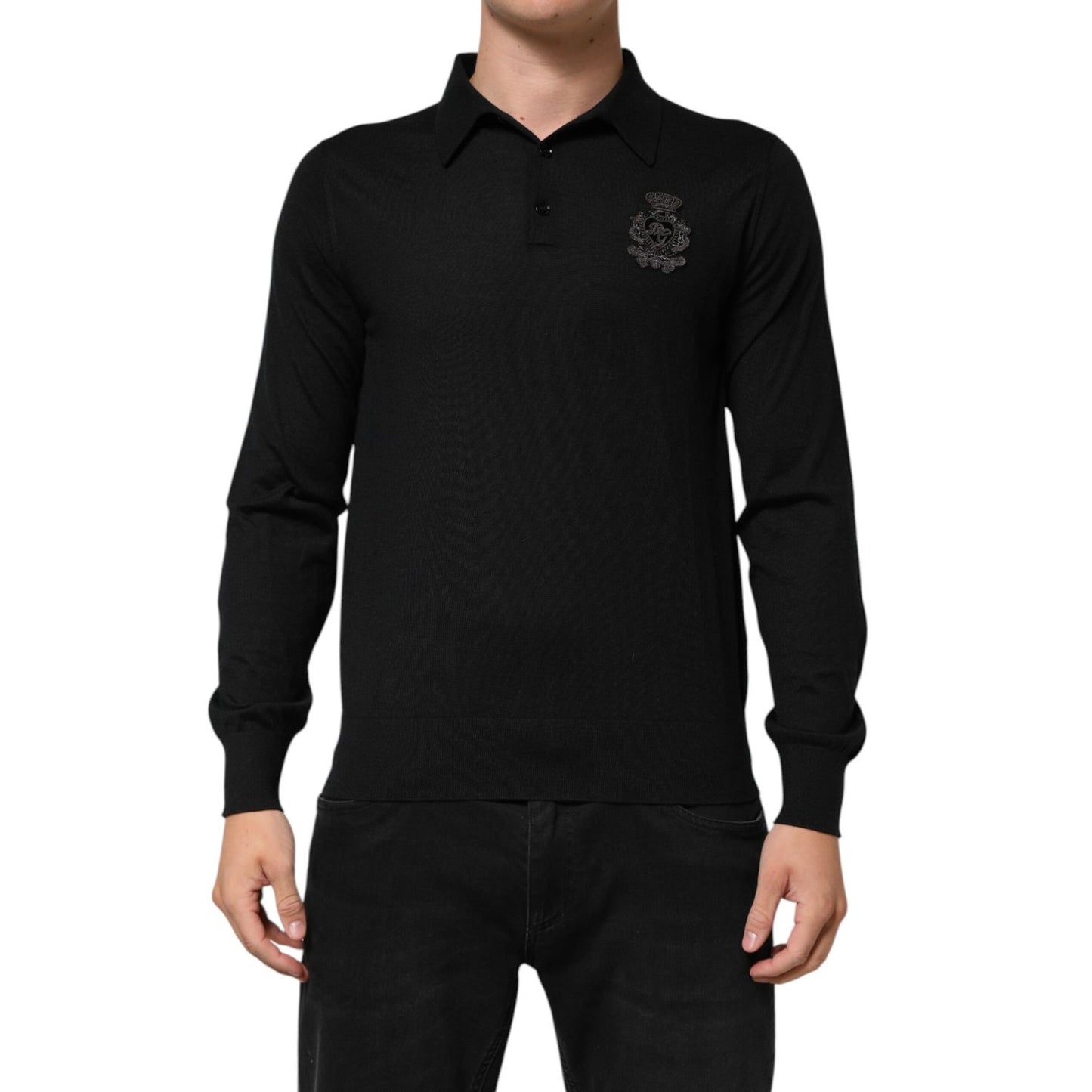 Dolce & Gabbana Black Logo Patch Collared Pullover Sweater