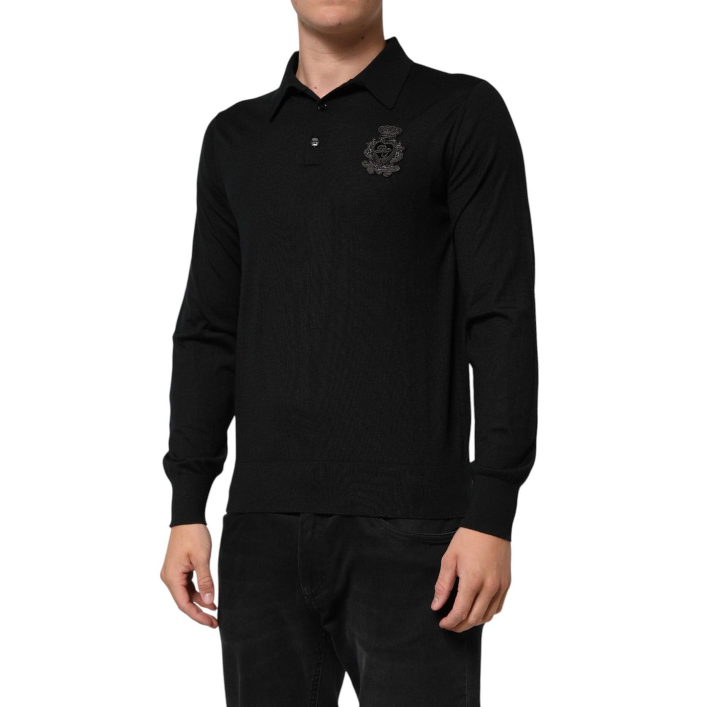 Dolce & Gabbana Black Logo Patch Collared Pullover Sweater