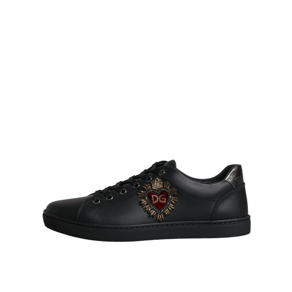 Dolce & Gabbana Black London Sacred Heart Men Sneakers Shoes with calf leather and logo details, side view.