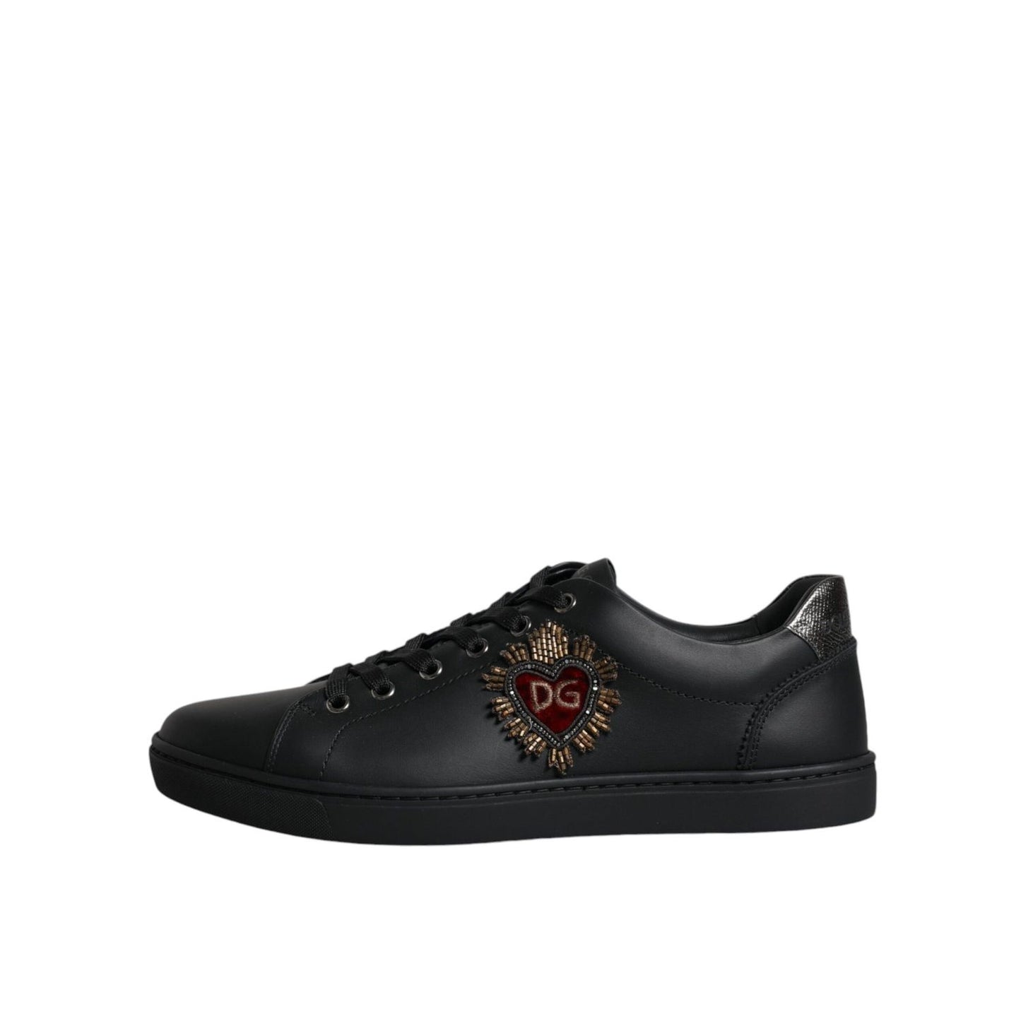 Dolce & Gabbana Black London Sacred Heart Men Sneakers Shoes with calf leather and logo details, side view.