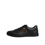 Dolce & Gabbana Black London Sacred Heart Men Sneakers Shoes with calf leather and logo details, side view.