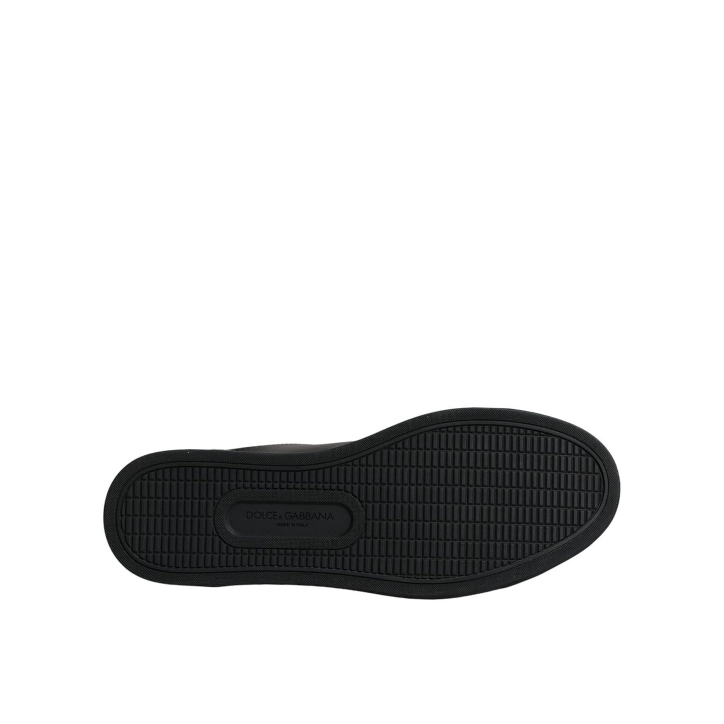 Sole view of Dolce & Gabbana Black London Sacred Heart Men Sneakers Shoes with rubber outsole and logo detail.