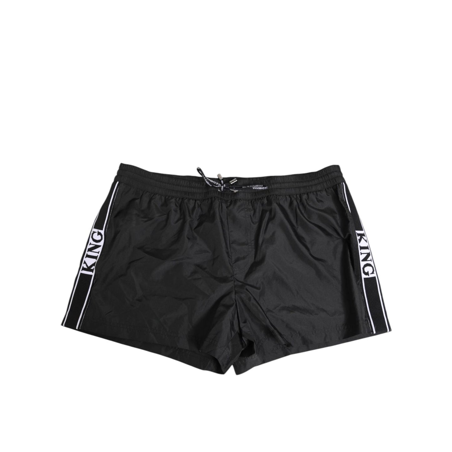 Dolce & Gabbana Black Nylon KING Sideband Men Boxer Shorts Swimwear with logo sidebands and drawstring waistband.
