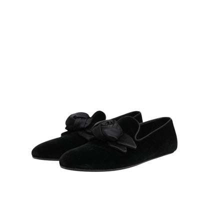 Dolce & Gabbana Black Suede Cotton Rose Slip On Loafers Shoes