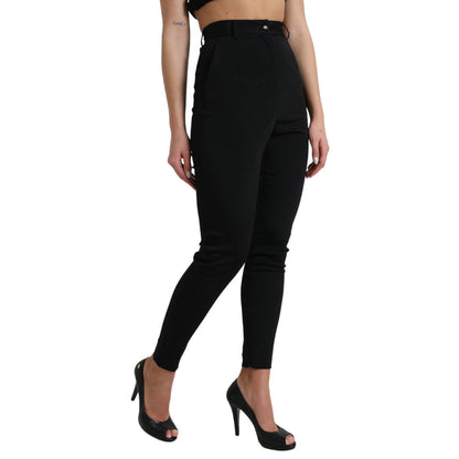 Woman wearing Dolce & Gabbana Black Wool Stretch High Waist Skinny Pants with heels, showcasing the sleek fit and design.
