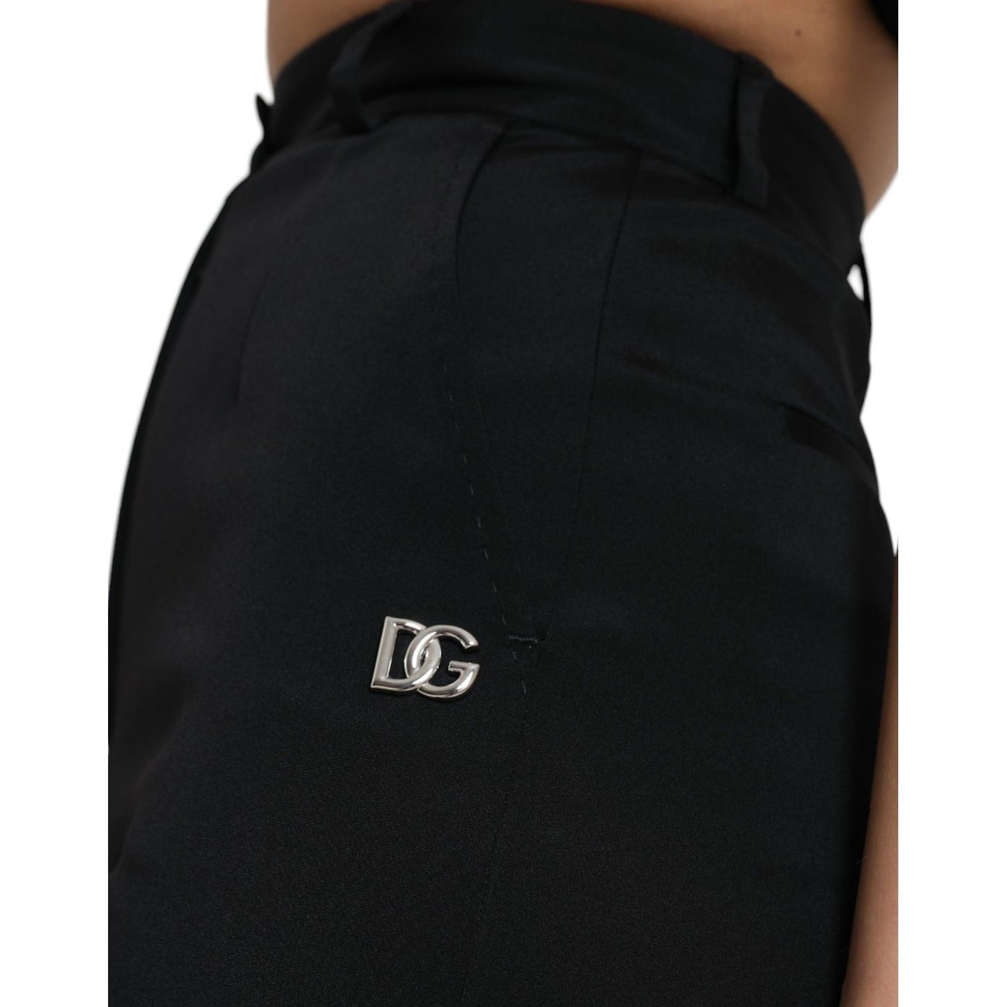 Dolce & Gabbana Black Wool Stretch High Waist Skinny Pants with logo detail, high comfort, and zipper closure, made in Italy.