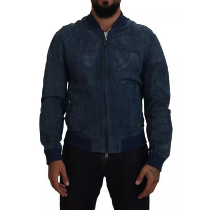 Dolce & Gabbana Blue Leather Perforated Full Zip Jacket