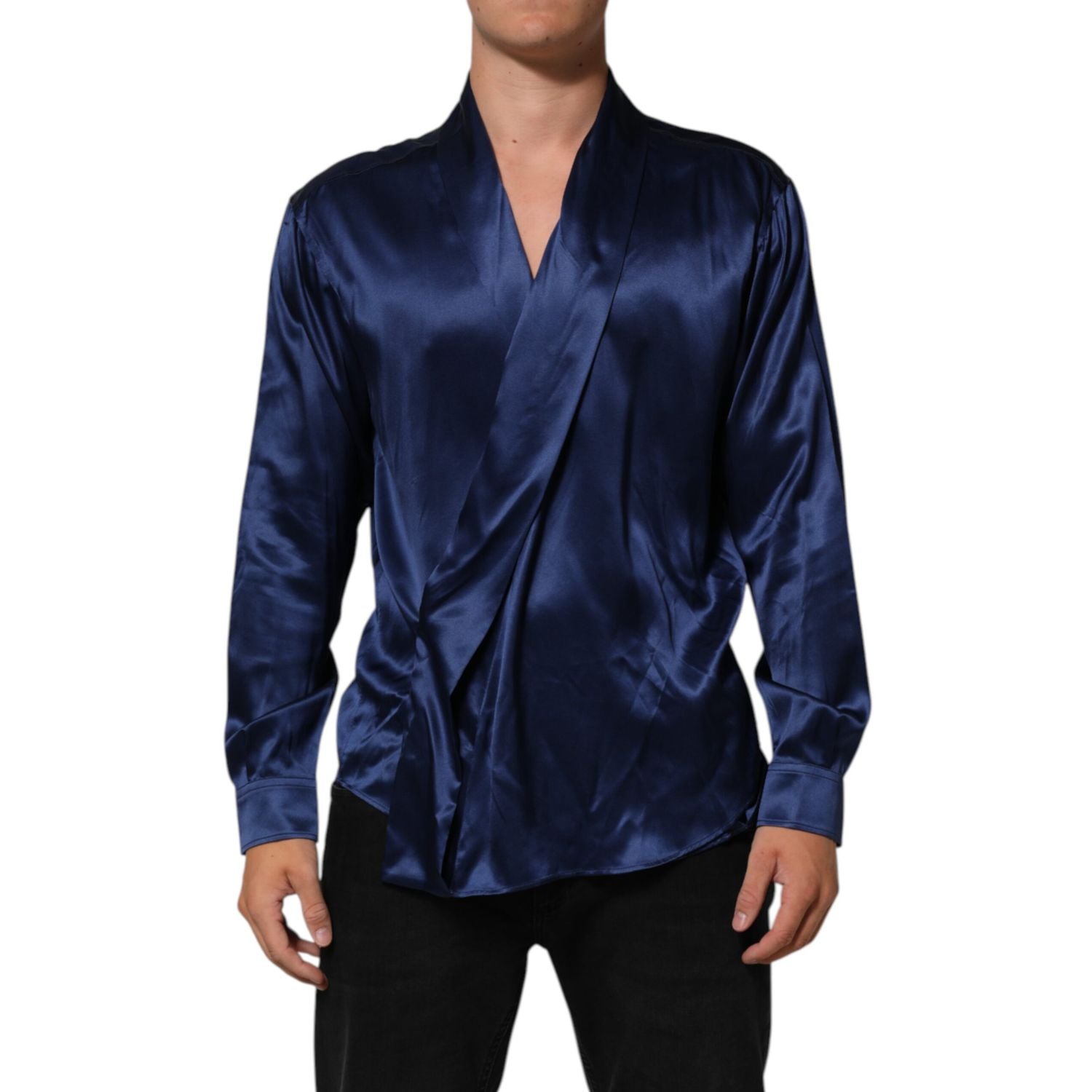 Dolce & Gabbana Blue Oversize Silk Satin Long Sleeves Shirt