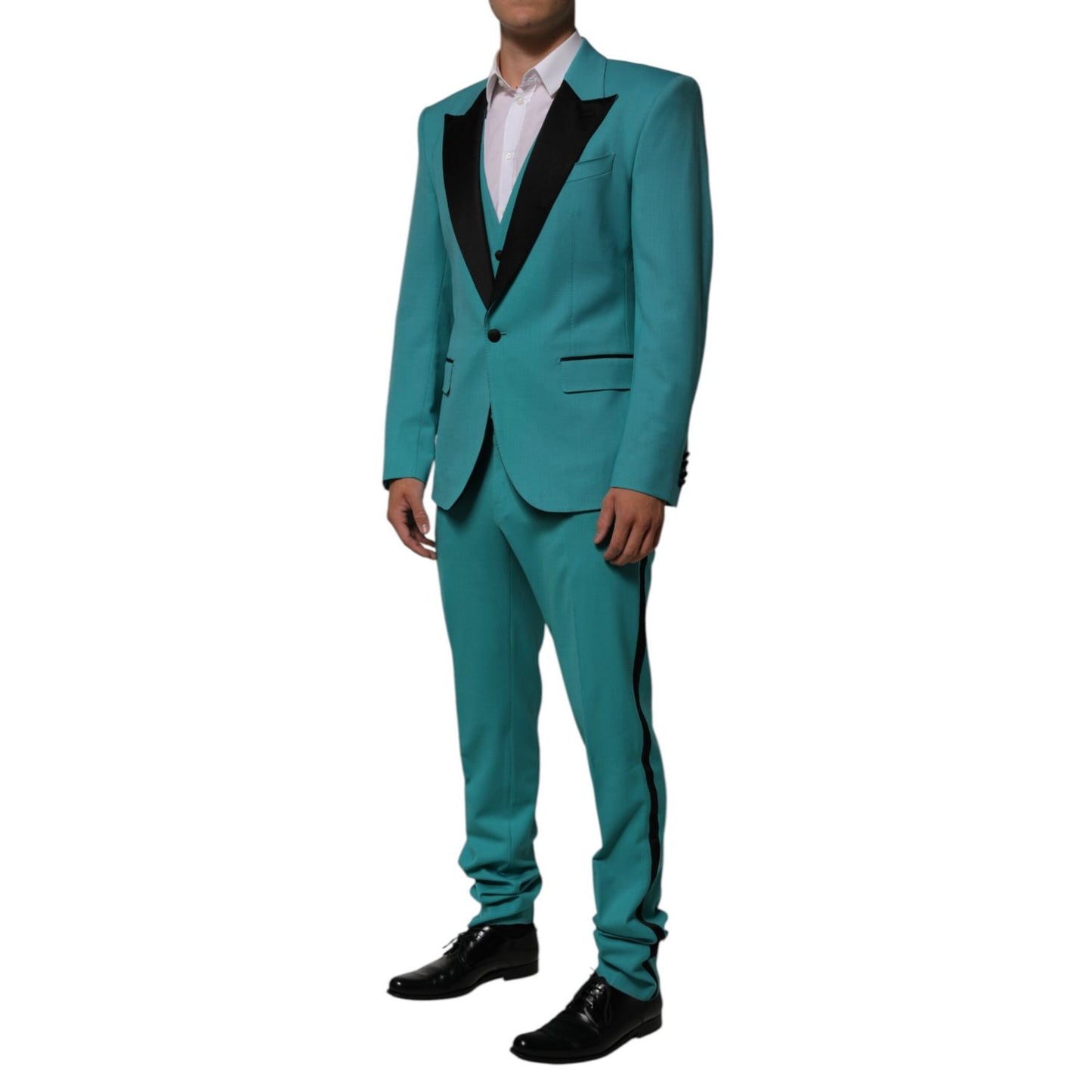 Dolce & Gabbana Cyan 3 Piece Wool Silk Blend Suit SICILIA with black satin lapels, tailored for luxury events and high-fashion occasions.