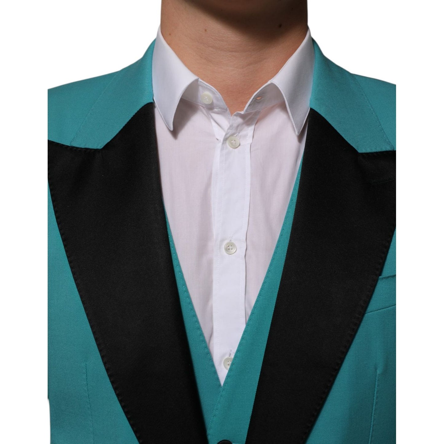 Close-up of Dolce & Gabbana Cyan 3 Piece Wool Silk Blend Suit SICILIA with black satin lapels, emphasizing luxurious tailoring.