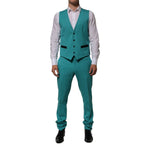 Dolce & Gabbana Cyan 3 Piece Wool Silk Blend Suit SICILIA with vest and trousers displayed on model.