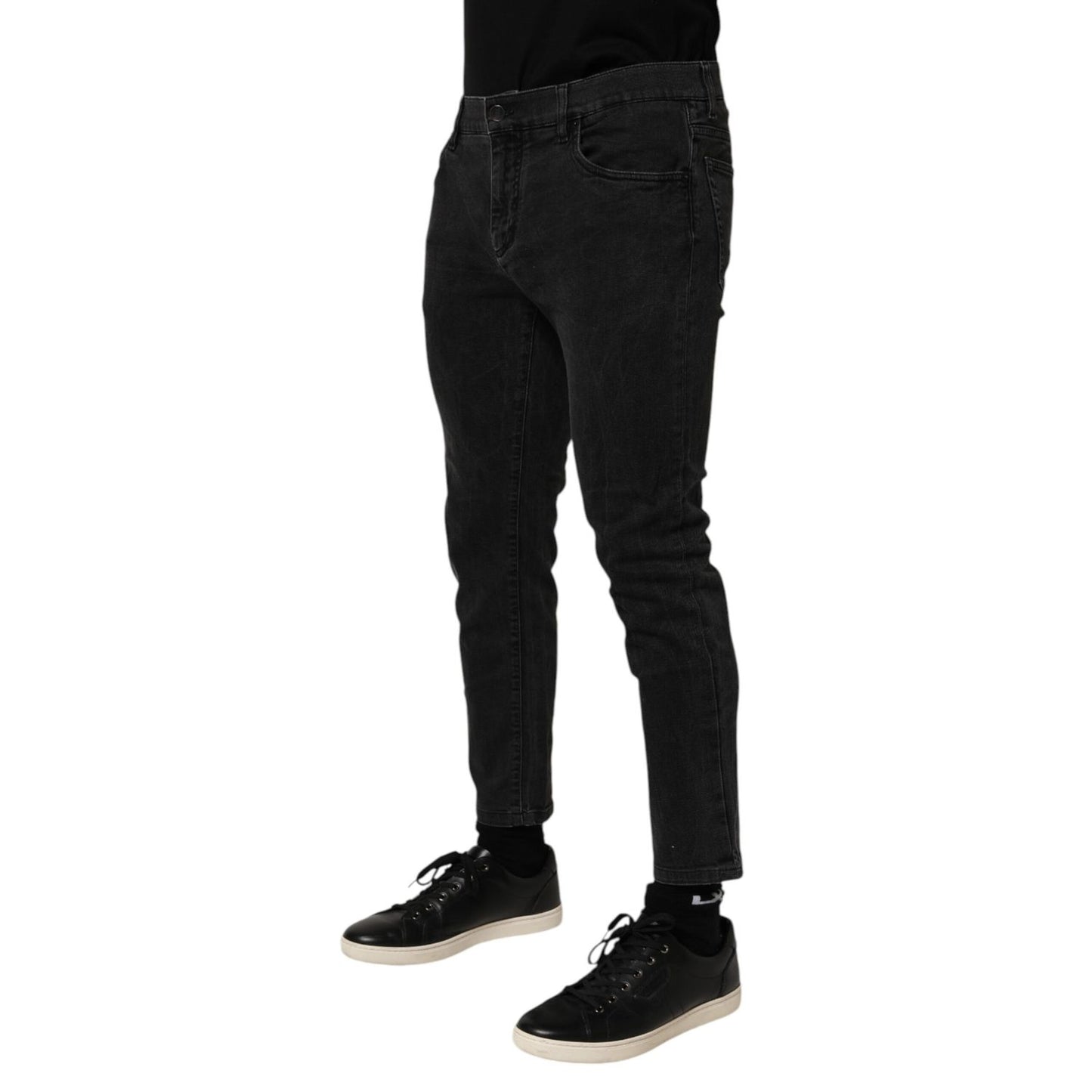 Dolce & Gabbana Dark Gray Cotton Stretch Denim Trouser Jeans displayed on a model, showing sleek and versatile design for casual wear.