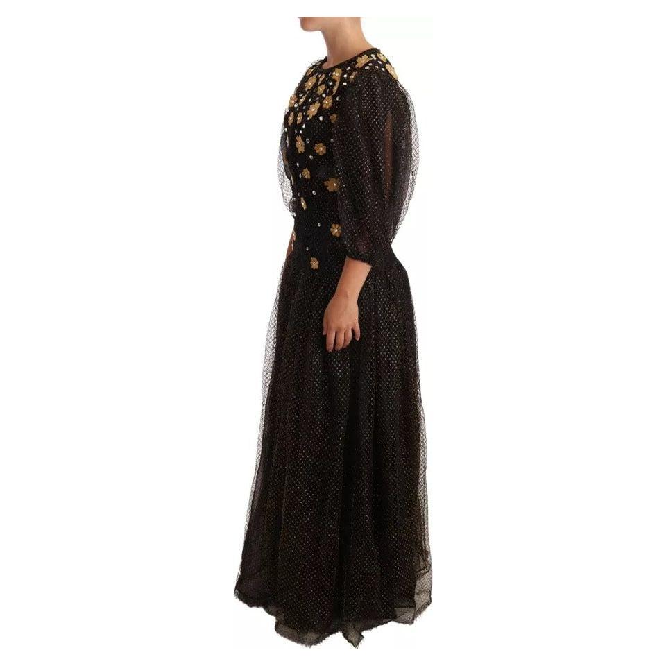 Dolce & Gabbana Black Crystal Floral Maxi Ball Gown Dress DR28244-40