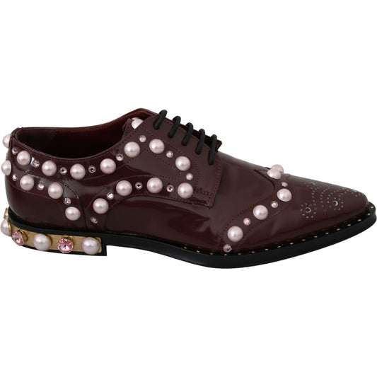 Dolce & Gabbana Elegant Bordeaux Lace-Up Flats with Pearls and Crystals 1728,67345645728,Bordeaux,Dolce & Gabbana,EU39/US8.5,Flat Shoes - Women - Shoes,Material: Leather,New with tags,Women Dolce & Gabbana LA6911-39