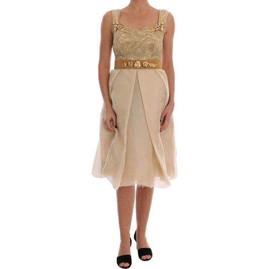 Dolce & Gabbana Elegant Embellished Lace & Organza Silk Dress 10% nylon,1728,27% metal fibre,3% acetate,4% crystal,5% cotton,6% real brass,67345645728,Dolce & Gabbana,Dresses - Women - Clothing,Gold,IT44|L,Material: 45% silk,New with tags,Women Dolce & Ga