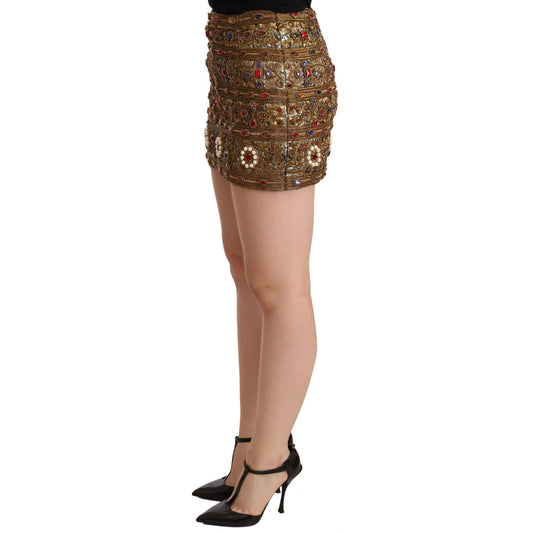 Dolce & Gabbana Gold Embellished High Waist Mini Skirt 1728,67345645728,Dolce & Gabbana,Gold,IT38|XS,Material: 49% Cotton 41% Polyester 10% Metal Fiber,New with tags,Skirts - Women - Clothing,Women Dolce & Gabbana SKI1502 -38