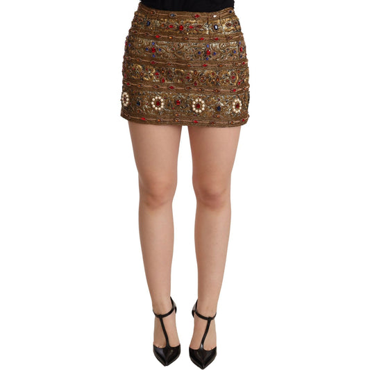 Dolce & Gabbana Gold Embellished High Waist Mini Skirt 1728,67345645728,Dolce & Gabbana,Gold,IT38|XS,Material: 49% Cotton 41% Polyester 10% Metal Fiber,New with tags,Skirts - Women - Clothing,Women Dolce & Gabbana SKI1502 -38