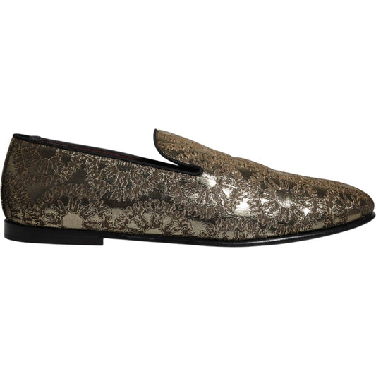 Dolce & Gabbana Gold Jacquard Flats Men Loafers Dress Shoes 1728,67345645728,Dolce & Gabbana,EU44/US11,Gold,Loafers - Men - Shoes,Material: 60% Acetate 40% Polyester,Men,Men - Shoes,Preowned / Defect,Shoes Dolce & Gabbana MV6574-44