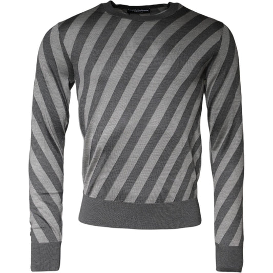 Dolce & Gabbana Gray Stripes Long Sleeve Round Neck Pullover Sweater 1728,67345645728,Dolce & Gabbana,Gray,IT46 | S,Material: 100% Silk,Men,New with tags,Sweaters - Men - Clothing Dolce & Gabbana TSH86991-46