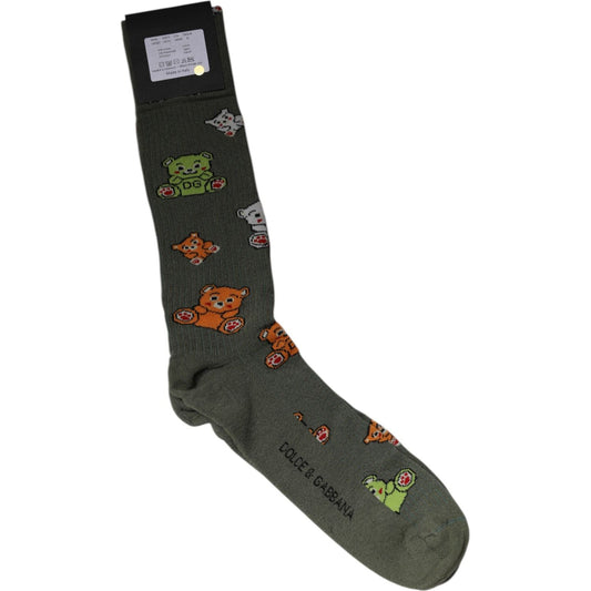 Dolce & Gabbana Green Nylon DG Bear Printed Mid Calf Socks 1728,67345645728,Accessories,Dolce & Gabbana,Green,Material: 52% Nylon 47% Cotton 1% Elastane,Men,Men - Accessories,New with tags,Socks - Men - Accessories,XL Dolce & Gabbana SCS2252-XL