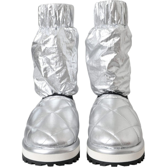 Dolce & Gabbana Metallic Silver Quilted Logo Patch Boot Shoes 1728,67345645728,Boots - Women - Shoes,Dolce & Gabbana,EU39/US8.5,Material: 90% Nylon 10% Viscose,New with tags,Silver Dolce & Gabbana LA11147-39