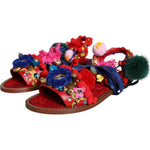 Dolce & Gabbana Multicolor Pom Pom Fur Wrap Sandals Shoes LA11659-38