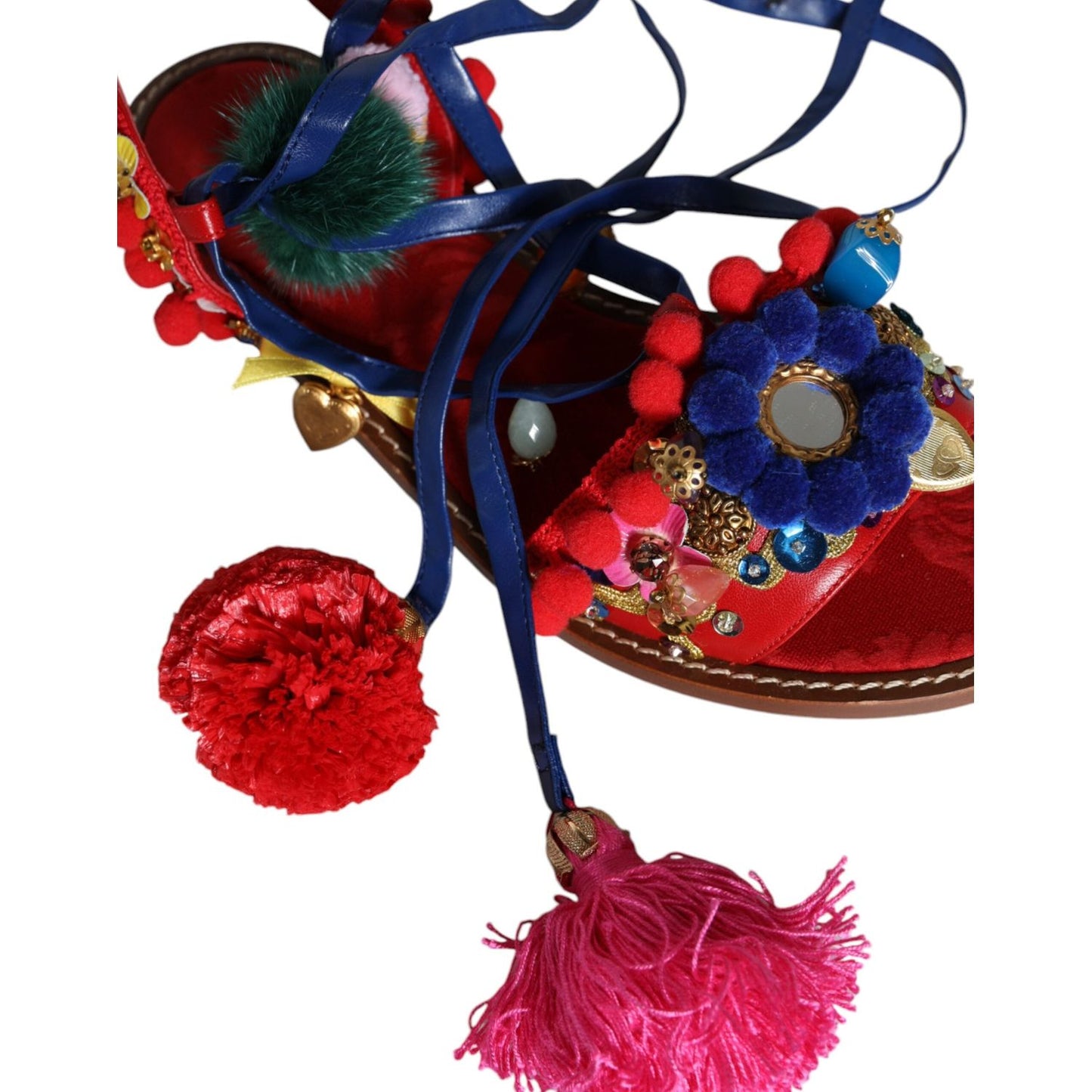 Dolce & Gabbana Multicolor Pom Pom Fur Wrap Sandals Shoes LA11659-38
