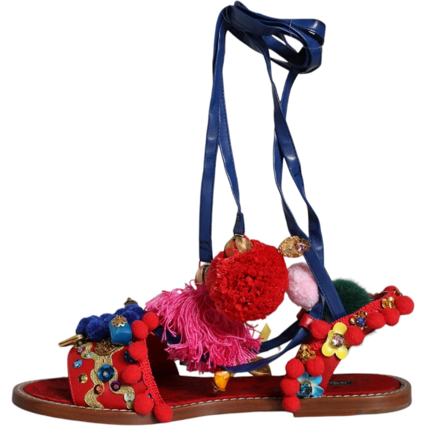 Dolce & Gabbana Multicolor Pom Pom Fur Wrap Sandals Shoes LA11659-38
