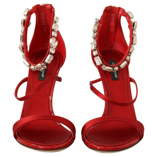 Dolce & Gabbana Red Crystal-Embellished Heel Sandals 1728,20% Calf,27% Silk,50% Rayon,67345645728,Dolce & Gabbana,EU38/US7.5,Material: 3% Goat,New with tags,Red,Sandals - Women - Shoes,Women Dolce & Gabbana LA9271-38