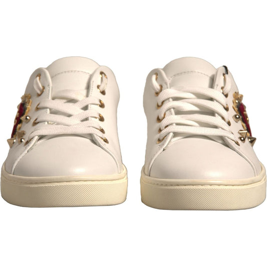 Dolce & Gabbana White Leather Gold Red Heart Sneakers Shoes 1728,67345645728,Dolce & Gabbana,EU36/US6,Material: 100% Calfskin Leather,Preowned / Defect,Sneakers - Women - Shoes,White,Women Dolce & Gabbana LA12318-36