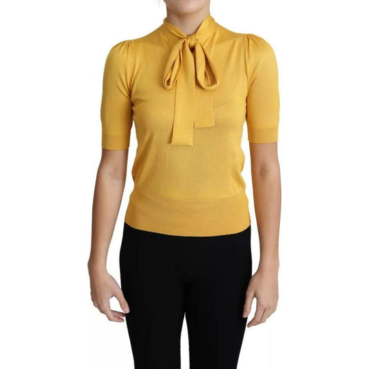 Dolce & Gabbana Yellow Silk Knit Pullover Ascot Collar Top 1728,67345645728,Dolce & Gabbana,IT38 | XS,Material: 100% Silk,Preowned / Defect,Tops & T-Shirts - Women - Clothing,Women,Yellow Dolce & Gabbana TSH5713-38