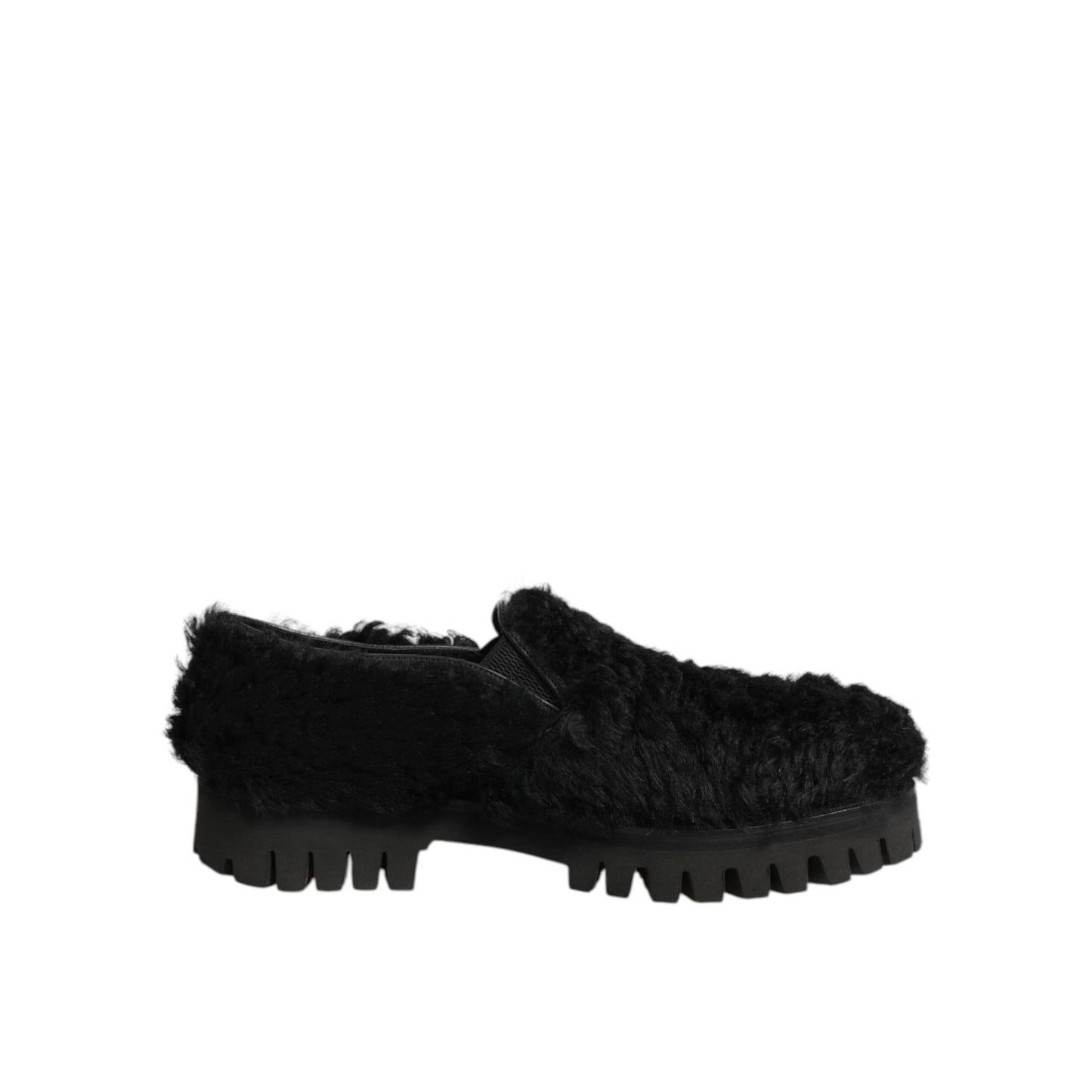 Dolce & Gabbana Dress Black Fur Leather Slippers Men Shoes with sleek slip-on design and soft fur lining for formal wear