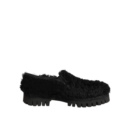 Dolce & Gabbana Dress Black Fur Leather Slippers Men Shoes with sleek slip-on design and soft fur lining for formal wear