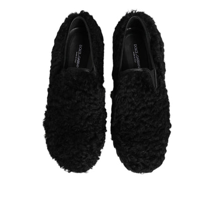 Dolce & Gabbana Dress Black Fur Leather Slippers Men Shoes, elegant slip-on design with soft fur lining for comfort.