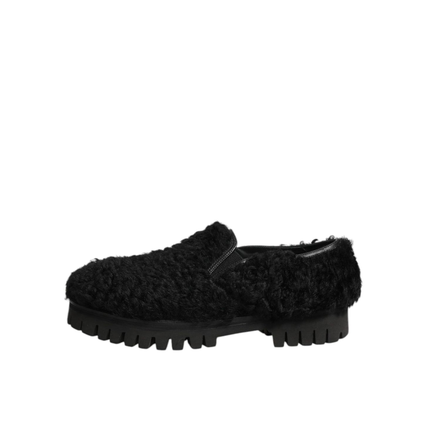 Dolce & Gabbana Dress Black Fur Leather Slippers Men Shoes with sleek slip-on design and polished finish for formal occasions.