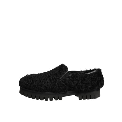 Dolce & Gabbana Dress Black Fur Leather Slippers Men Shoes with sleek slip-on design and polished finish for formal occasions.