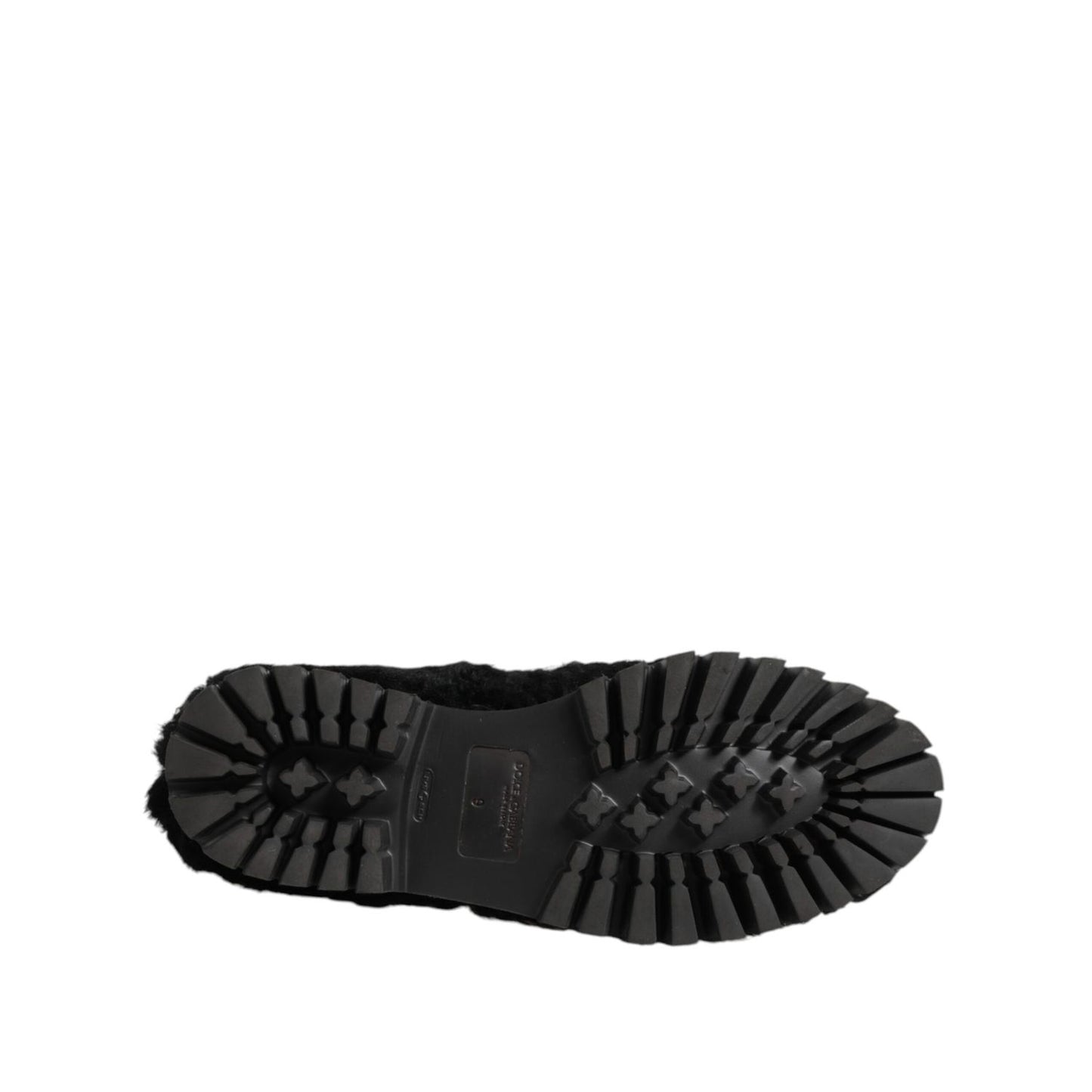Sole view of Dolce & Gabbana Dress Black Fur Leather Slippers Men Shoes showcasing tread design.
