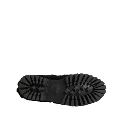 Sole view of Dolce & Gabbana Dress Black Fur Leather Slippers Men Shoes showcasing tread design.