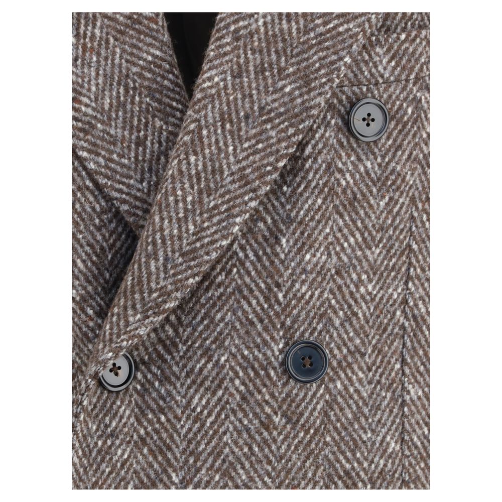 Close-up of Dolce & Gabbana Gray Fleece Wool Coat showing herringbone pattern and double-breasted design for a timeless look.