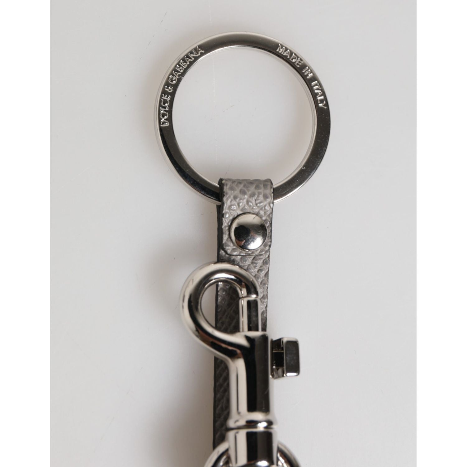 Dolce & Gabbana Gray Leather Logo Metal Ring Keychain Holder Men Keyring